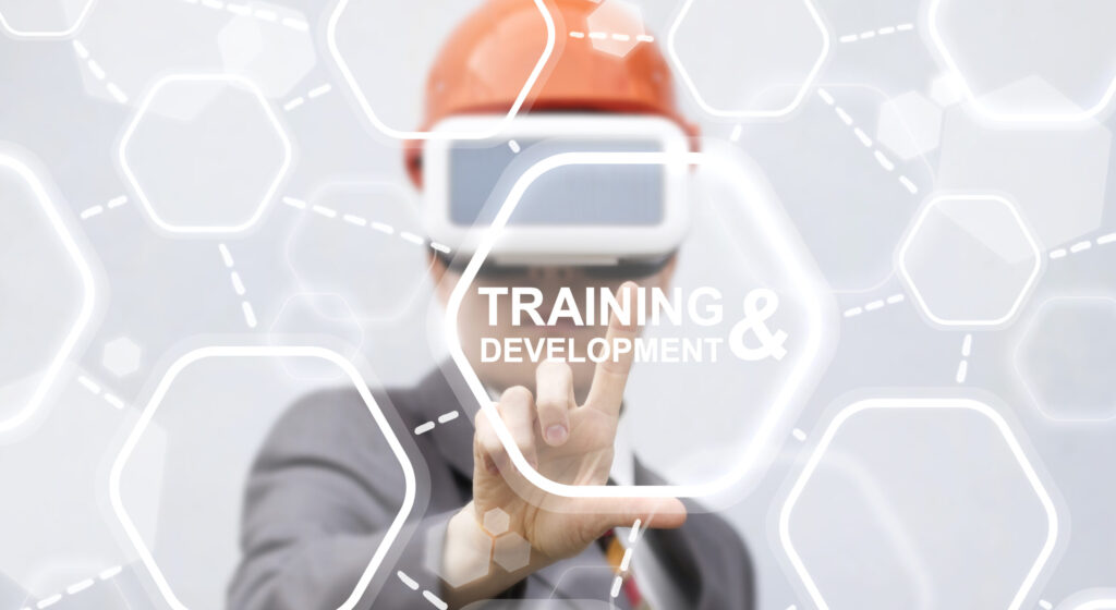 Illustration of a person using VR headset for interactive, immersive XR training